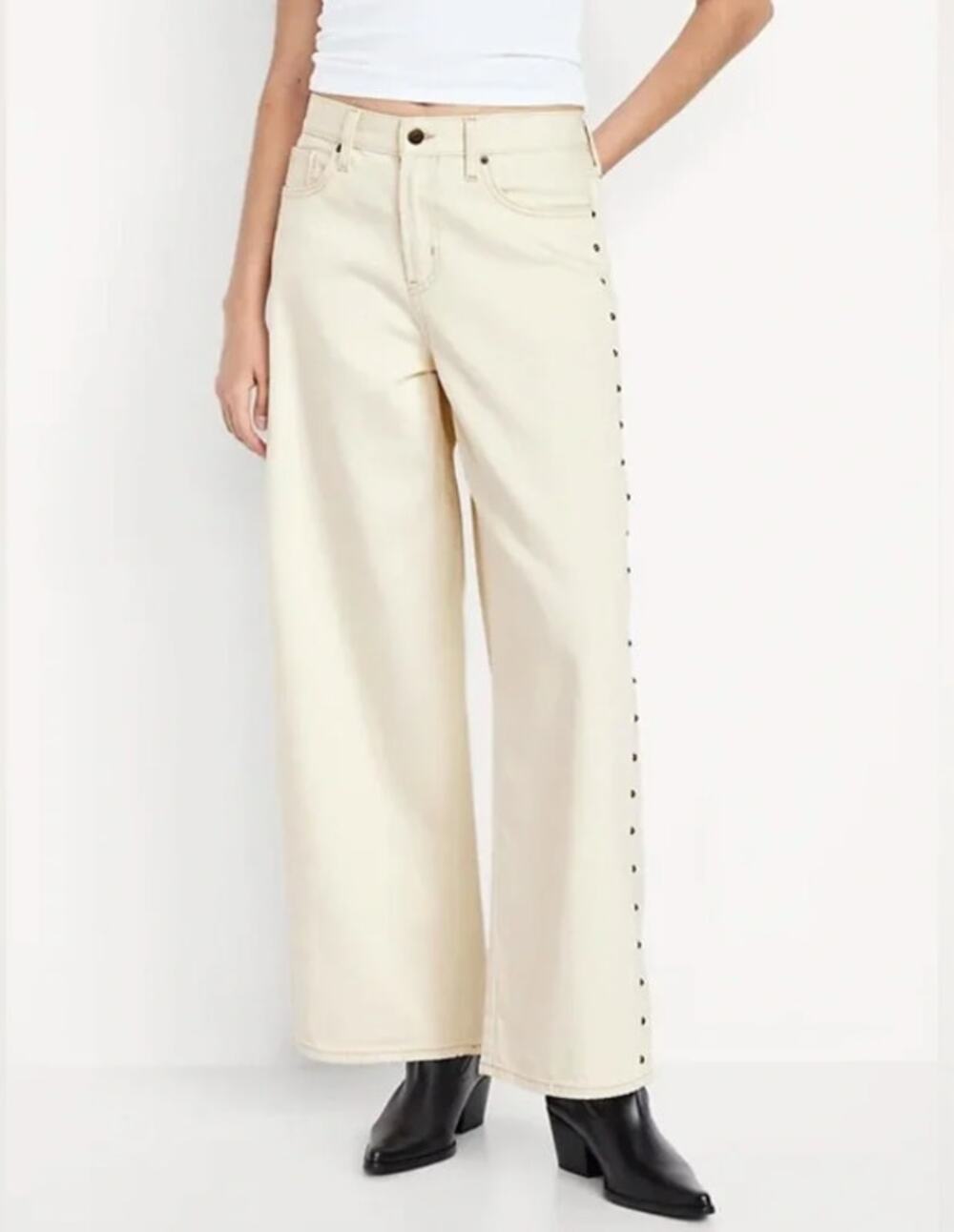 Old Navy Studded Baggy Wide Leg Jeans Ecru Cream 10 Tall NWT